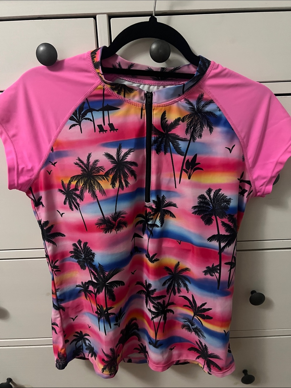 Pink Tropical Palm Print Rash Guard Swim Top